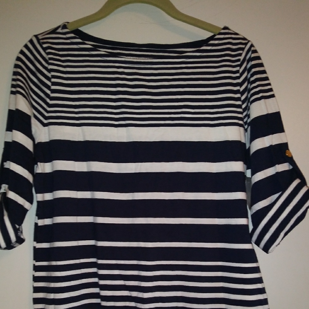 NEW Nautical Navy & White Striped Soft Cotton 3/4 Sleeves Hi Shirt Lady's Medium